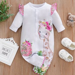 Baby's Cartoon Bloemen Giraffe Print Lange Mouw Romper, Peuter & Baby Meisjes Bodysuit Voor Herfst Buiten Spelen