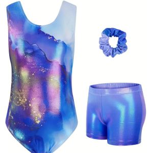 3-delige set meisjes gymnastiek leotards, mouwloos ronde hals inkt schilderij jumpsuit, tumbling outfits met bijpassende shorts en haarband, maat 3-12 jaar, perfect voor buiten