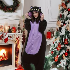 Volwassen Fleece Kerst Onesie, Lange Mouw Kat Romper met Ronde Hals en Details, 100% Polyester Gebreide Stof, Kleur Feestkostuum voor Mannen en Vrouwen, Winter Seizoen