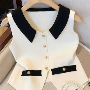 Chic Black And White Vest With Golden Buttons - Casual V-neck Sleeveless Top For Women, Spring/summer Fashion, Casual Attire|vest Top| Stretch Fabric, Sleeveless Sweater
