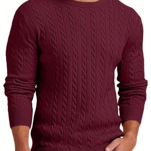 Heren Cozy Kabelgebreide Trui - Lange Mouw, Ronde Hals, Bordeauxrood, Warme Herfst/Winter Pullover met Ribgebreide Textuur, Casual Stijl, Comfortabele Pasvorm, Trui Vest