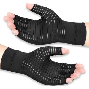 1 Koper-Geïnfuseerde Compressiehandschoenen - Vingerloos met Antislip Grip, Ademend & Flexibele Ondersteuning voor Typen & Sport - Zwarte Handbrace Wrap voor Mannen & Vrouwen