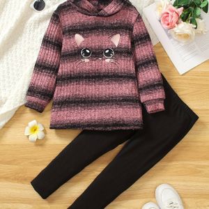 Twee-delen-set: Modieuze Hooded Sweater met Schattige Kattepatroon Gestreepte Lange Mouw Top + Kleur Enkellange Broek Herfst Casual Outfit, Perfect voor Buiten, Gebreide, Meisje Winter Set