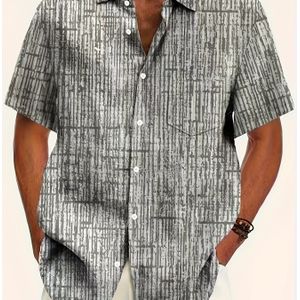Heren Vintage 1950s Geometrische Print Korte Mouw -Up Overhemd - Lichtgewicht Zomer Casual Overhemd met Zakken, Wit & Grijs , Reguliere Pasvorm voor Casual Kleding, PLUS SIZE