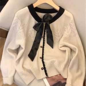 Elegante Franse Stijl Kleurblok Lange Mouw Trui met Strik Detail, Ronde Hals, Voor, Geribbelde Mouwen - Perfect voor Lente/Zomer/Heren/Vrouwen Uitstapjes en Valentijnsdag, Schattige Truien