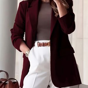Vrouwen Elegante Bourgondische Blazer - Kleur Losse Pasvorm Lange Mouw Kantoor & Casual Jas, Machinewasbaar All-Seizoen Veelzijdige Buitenkleding, Professionele Kledingstijl, Luxe Knopdetails