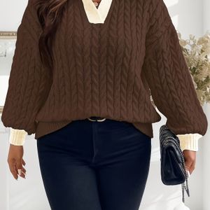 Plus Size Dames Wintertrui - Zachte Stretch Pullover met Klassieke Kraag, Elegant Midden-Oostelijk Geïnspireerd Design voor Casual & Formele Outfits, Comfortabele Gebreide Trui