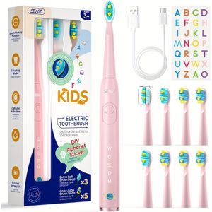SEAGO Elektrische Tandenborstel, Oplaadbare Zachte Borstels met 8 Opzetkoppen, DIY Stickers en 5 , Ideaal Cadeau voor Kinderen vanaf 3 Jaar