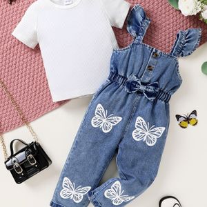 2-delige set van elegante, zoete en schattige kleur geribbelde T-shirt en vlinderprint denim jumpsuit voor kleine meisjes Geschikt voor casual dagelijkse vakantiefeest, perfect voor buiten