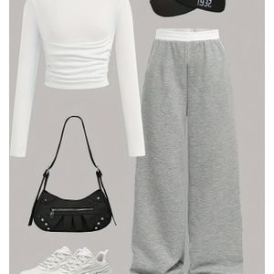 Meisjes Lange Broek Set: Modieuze Gebreide Lange Mouwen Top met Zijplooien en Casual Rechte Joggingbroek Tweedelige Set, Perfect voor Buiten
