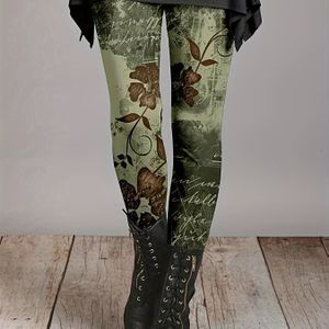 Vrouwen 3D Botanische Panty's - Olijfgroen met Bladpatroon, Medium Stretch Leggings, Wasmachinebestendig voor Dagelijks Gebruik & Stijlvolle Kleding, Duurzame Constructie, Veelzijdige Broekjes