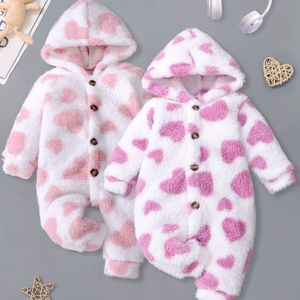 2 stuks Meisjes Baby Herfst/Winter Creatief Hartpatroon Lange Mouwen Pluche Schattige Buiten Bodysuit, Perfect voor Buiten