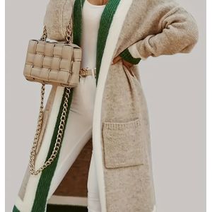 Dames Plus Size Truien met Zakken, Casual V-Hals, Stretchy Nylon Stof, Gestreepte Blokpatroon Kleur, Open Voorzijde met Knopen, Herfst/Winter Mode