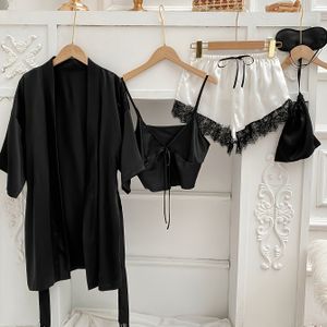 5-delige Dames Nachtjapon Pyjama Set met Shorts, Slaapmasker, Bijpassende Badjas & Pyjama - Wasmachinebestendig Beddengoed, Niet- Kleur Lounge Pak voor s