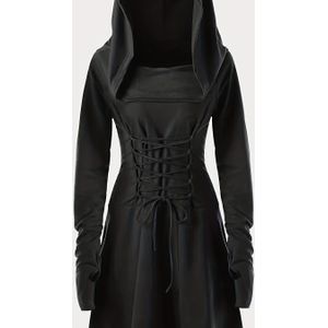 Dames Hooded Jurk met Capuchon - A-Lijn - Lange Jurk, Asymmetrische Zoom & Verstelbare Tailleband, Wasmachinebestendige Kostuumjurk voor Bruiloften, , Themafeesten & Middeleeuwse Evenementen