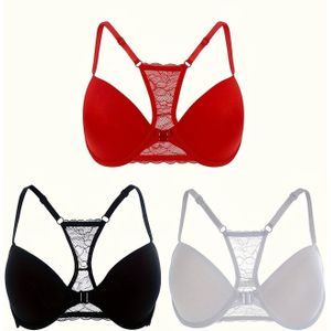 3 Stuks Lace Push Up Bh's, Comfortabele & Ademende Voorsluiting Bh, Dames Lingerie & Ondergoed