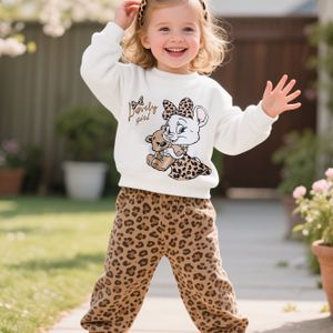 Meisjes herfst- en winter set met schattige konijnbeer print lange mouwen shirt + luipaardprint broek, ideaal cadeau voor kinderen, perfect voor buiten