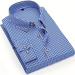 Stijlvolle Herenblauw-Witte Gingham Overhemd - Casual Lange Mouwen, Ademend met Gouden Knopen, Perfect voor Lente/Herfst, Casual Kleding, Casual Overhemd | Gingham | Niet-Rekbare Stof