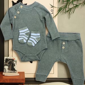 3-delige mouwen onesie, broek en sokken gebreide set voor pasgeborenen. Geschikt voor baby meisjes en jongens voor herfst-winter buitenkleding, perfect voor buiten