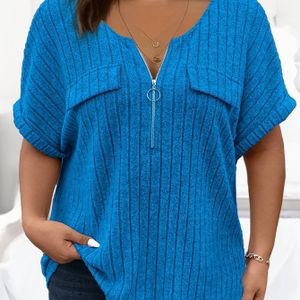 1pc Vrouwen Plus Size Casual Crew Neck T-shirt met rits en zakken, kleur polyester gebreide stof, korte mouw geribbelde geborstelde top voor lente/zomer/herfst