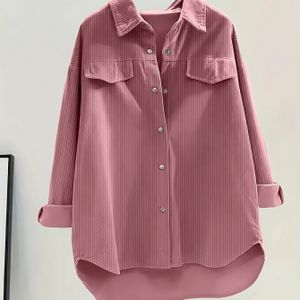 Vrouwen Casual Kleur Lange Mouw Overhemd met Mock Zakken & Opgerolde Manchetten - Zachte Roze All-Seizoenen Top voor Casual Kleding, Stijlvolle Werkkleding, Makkelijk te Onderhouden Stof