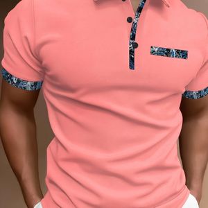 Herenzomerse Casual Polo Shirt - Navy Blauw met Blok Ontwerp, 100% Polyester , Korte Mouw, Reguliere Pasvorm, Ademend & Licht Rekbaar, Knopen Laps Kraag, Outdoor & Feestkleding