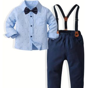 Jongens Blauw Lange Mouwen Shirt en Broek Set met Tie-Back Tweedelige Casual Uitgaansshirt met Open Kraag