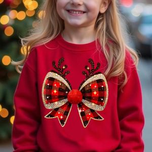 Gezellige Meisjes Fleece-Gevoerde Kerst Sweatshirt met Feestelijke Strik & Gewei Print - Casual Lange Mouwen Pullover voor Herfst/Winter, Rood, Polyester, Meisjes Kerst Sweatshirt