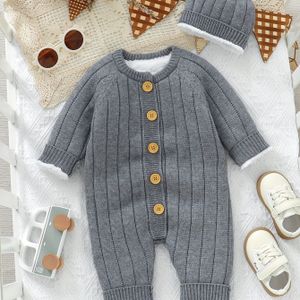 Baby's Knopjes Voorkant Warme Fuzzy Voering Casual Gebreide Lange Mouw Romper, Peuter & Baby Jongen Bodysuit Voor Herfst Winter