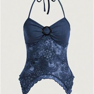 Bloemenprint Halter Top, Elegante Rugloze Top met Ongelijke Zoom voor Lente & Zomer, Dameskleding