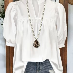 Elegant White V-neck Blouse With Ruffle Detail And Puff Sleeves - Women's Top For Spring/summer, Machine Washable, Semi-sheer, Casual Attire