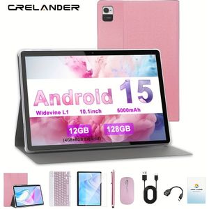 CRELANDER 10,1 inch Tablet pc 15, 12GB (4GB+8GB uitbreidbaar) RAM 128GB ROM, 5000mAh Batterij, 1280*800 IPS-scherm, Ondersteuning L1, met Hoes, Pen, Muis, Toetsenbord