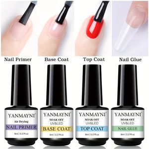 YANMAYNI 8ml 4 stuks glazen gel nagel primer topcoat basislaag en nagellijm set, geen wrijf foundation combinatie voor lichte nagellak