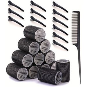 25 stuks Zelfklevende Krulrollers & Klemmen Set met 12 Zelfklevende Krulrollers en 12 Klemmen, inclusief 1 Kapselkam, Salon Kapselrollers, DIY Haarstijlen