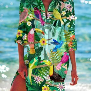 Plus Size Plant Print Knoopjurk met Losse Pasvorm, Casual Lange Mouwen Jurk met Kraag voor Lente & Herfst, Plus Size Kleding voor Vrouwen