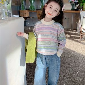 Meisjes' Cozy Fleece-Lined Knit Sweater - Kleurrijke Gestreepte Pullover met Geribbelde Mouwen & Zoom, Lange Mouw Casual Top voor Herfst/Winter, Perfect voor Buiten