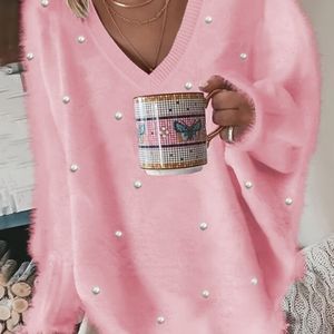 Casual V-Hals Trui voor Dames - Lange Mouwen Top met Medium Stretch, Ontspannen Pasvorm & Machinewasbaar voor Alle Seizoenen, Dagelijkse Mode, V-hals Design, Textuur