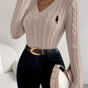 Dames Casual V-Hals Trui met Paardrijden Borduurwerk - Zachtroze Pullover, Essentiële Laagjes Trui voor Kerst & Alledaagse Outfits, Kersttrui, Feestelijke Kleding, Comfortabele Kleding, Vakantie