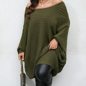 Plus Size Dames Elegante Batwing Mouw Trui - Losse Pasvorm Off-Shoulder/Boot Hals, Zwart, Wasmachinebestendig, Veelzijdige Casual & Formele Kleding voor Lente/Herfst
