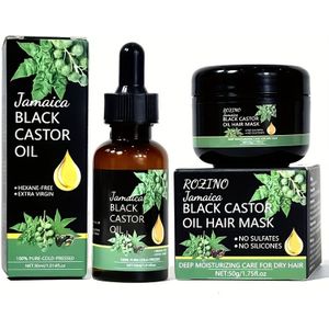 ROZINO Jamaica Black Castor Oil Hair Mask & Oil Set - Diepe hydraterende verzorging voor haar - 100% puur koudgeperst - Zonder sulfaten, zonder siliconen - Geschikt voor alle haartypes