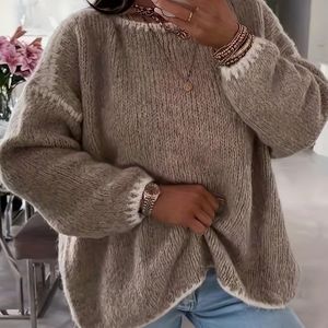 Dames Roze Kleur Blok Lange Mouw Pullover Trui - Ronde Hals, Detail, Casual Herfst & Lente Stijl, Casual Kleding | Ronde Hals Trui | Textuur
