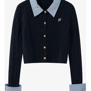 Vrouwelijke casual acryl gebreide cardigan met contrasterende kraag en manchet detail, kleur, voor, lente/herfst seizoen