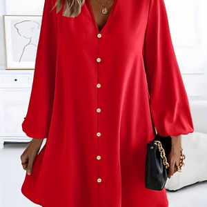 Plus Size - Elegante Kleur V-hals Jurk, Casual Lange Mouw Losse Pasvorm Jurk, Geschikt voor Alle Seizoenen, Dameskleding