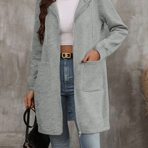 Chique Lichtgrijze Lange Hoodie voor Dames met Kangoeroezak, Rits & Trekkoord - Casual Warme Polyester Jas, Machinewasbaar voor Herfst/Winter, Hoodie Jas