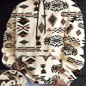 Men's Plush Print Hoodie With Drawstring, Casual Long Sleeve Sweatshirt, Hooded Flannel Material, Loose Fit, Knit Fabric, Elastic, Autumn/winter Collection