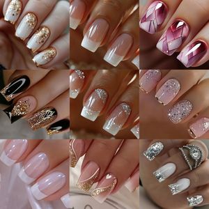 216 stuks Korte Vierkante Zomer Witte Franse Stijl Eenvoudige Glitter Hart Zachte Gel Plaknagels Volledig Set voor Vrouwen