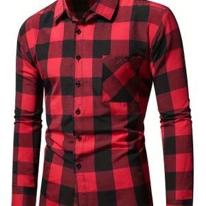 Herrenmode Ruitjeshemd met Zak - Polyestermengsel, Omgeslagen Kraag, Niet-rekbaar , Reguliere Lange Mouwen, Enkel-Borstzak, Alle-Seizoenen-Dracht