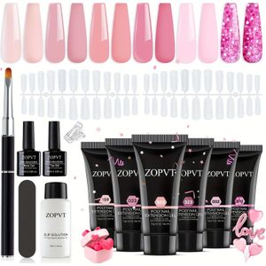 Poly-extensiegel-nagelset, 14 extensie-sets, met glijdende oplossing en nagelset, beter voor beginners die zelf nagels maken