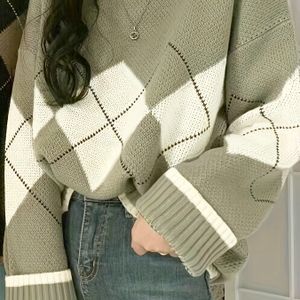 Vrouwen Retro Geometrische Ruit Trui - & Wit Lange Mouw Pullover met Geribbelde Manchetten, Knusse Winter Casual Top, Schattige Breiweefsel