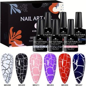 MSRUIOO 6-delige Crackle Gel Nagellakset, Blauw Roze Rood Zwart Wit Semi-Permanente Weken LED Cracke Gel Vernis, Geurloos, Verzadigd, Langdurig voor Artistiek Nagelontwerp en